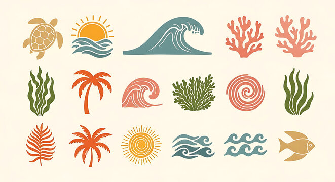 Set of colorful beach and ocean themed illustrations including a turtle palm trees waves coral with palm tree tropical illustration colorful vacation iconography
