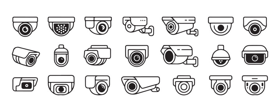 Cctv security camera surveillance icon set for home protection and public monitoring systems thin line design.