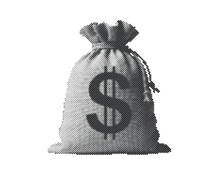 Retro halftone money bag with dollar sign symbol isolated on white background, vintage circle dot pattern vector illustration for finance and savin...