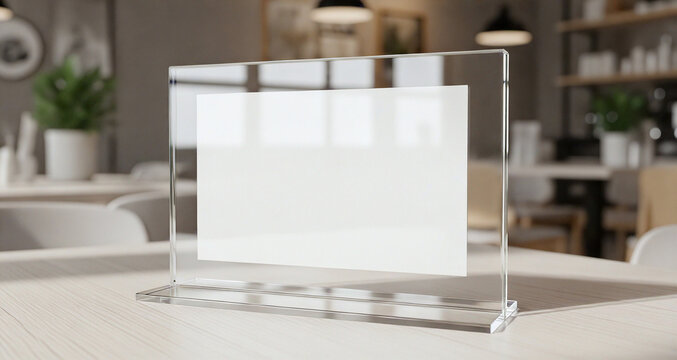 Blank acrylic table tent menu holder mockup on a wooden table in a blurred cafe interior background