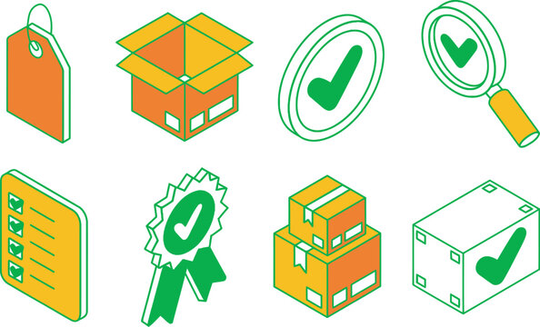 isometric flat vector collection of quality control icons including qc tags, approved check marks, inspection symbols, barcode verification, and checklist validation, isolated transparent background.