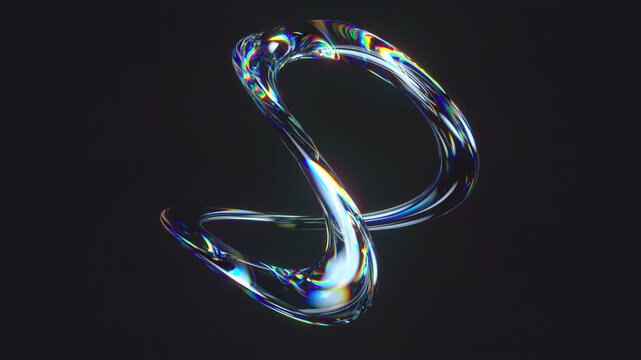 Transparent twisted glass torus with iridescent effect. Abstract reflection glossy shapes. 3d render 4K loop animation.