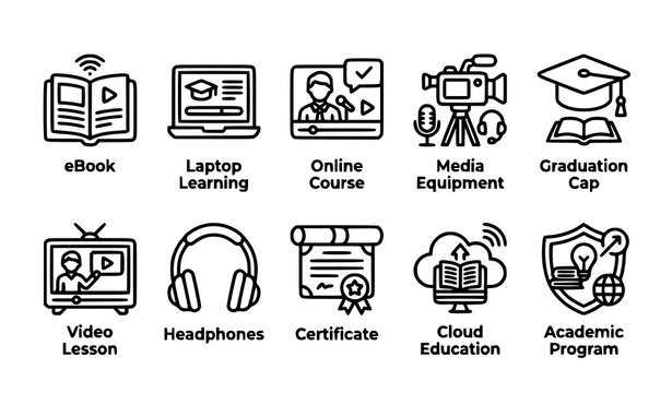 Online education bold outline icon set ebook media equipment and e learning vector isolated on white background