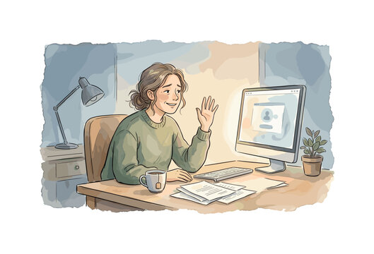 Person waving goodbye to screen at end of long work day, soft watercolor vector illustration, delicate hand-drawn ink outlines,