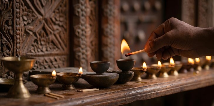 Traditional oil lamps burning in a dark temple