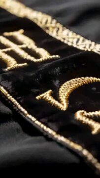 Vertical video: Moving camera revealing gold embroidery on black velvet in studio light, letter A