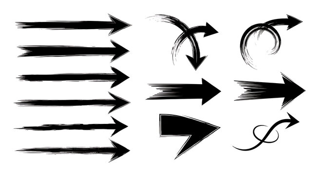 Assortment of black arrows with rough brush stroke textures pointing in different directions hand drawn direction movement collection straight navigation backward