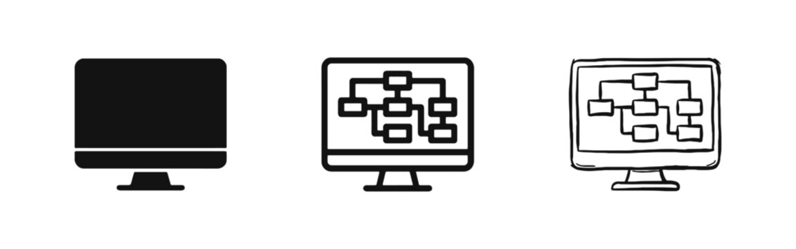 Desktop Monitor with Organizational Flowchart Icon Set for Business Logic and Workflow