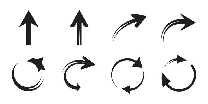 Collection of black arrows on transparent background pointing up left right circular and curved directions.