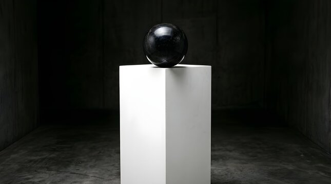 Obsidian sphere balancing on sharp white minimalist plinth