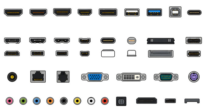 A set of 45 various icons of computer ports and hardware connectors