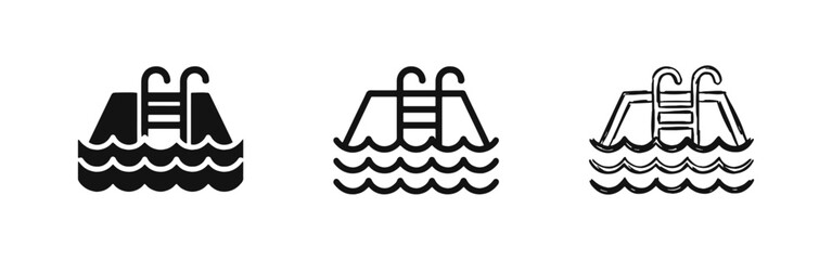 Fototapeta premium Swimming Pool with Ladder Icon Set in Solid, Outline, and Hand-Drawn Styles