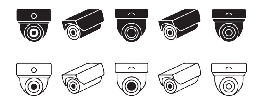 Various security camera icons including dome, bullet, and box types, 3D perspective icons for surveillance and monitoring systems.