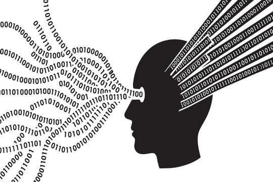 Conceptual illustration of digital information processing in the human mind representing big data analysis, machine learning algorithms and artificial intelligence cognitive development