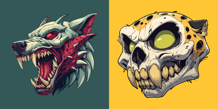 Terrifying wolf and leopard skull characters with sharp fangs and aggressive expressions in dark cartoon style. Powerful animal mascot vector illustration for gaming, esports, tattoo, stickers and t-s