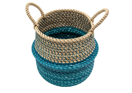 Handwoven seagrass basket with teal accents and handles studio shot