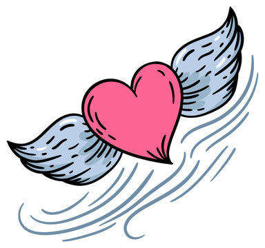 Heart with majestic feathered wings and artistic motion lines for a relaxing adult coloring page