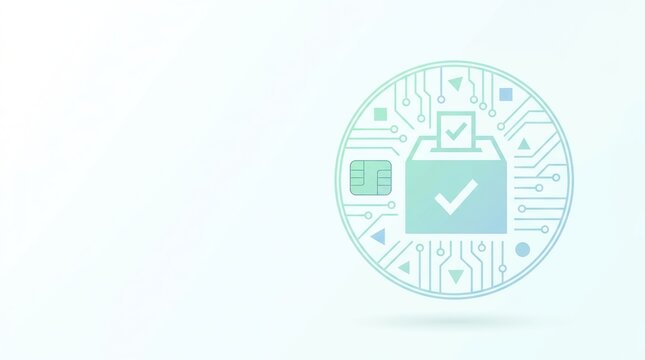 Digital ballot box icon with circuit board pattern and checkmarks representing e voting