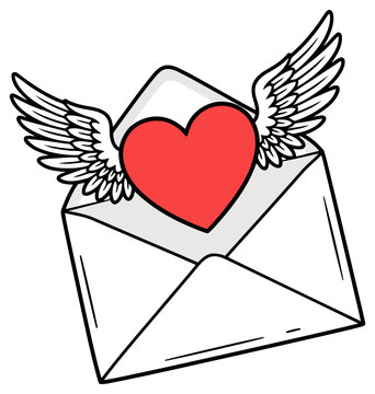 Love letter featuring an open envelope with a red heart and majestic wings for a coloring page