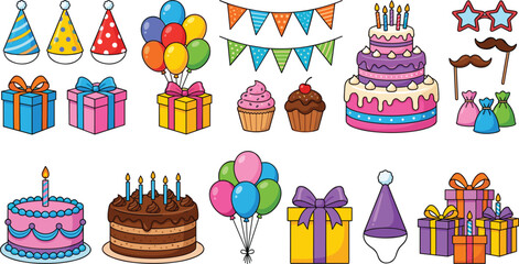Colorful Birthday Party Celebration Element Clipart Set with Cakes Cupcakes Gift Boxes Balloons Party Hats Bunting and Photo Booth Props Vector Illustration © Ismail