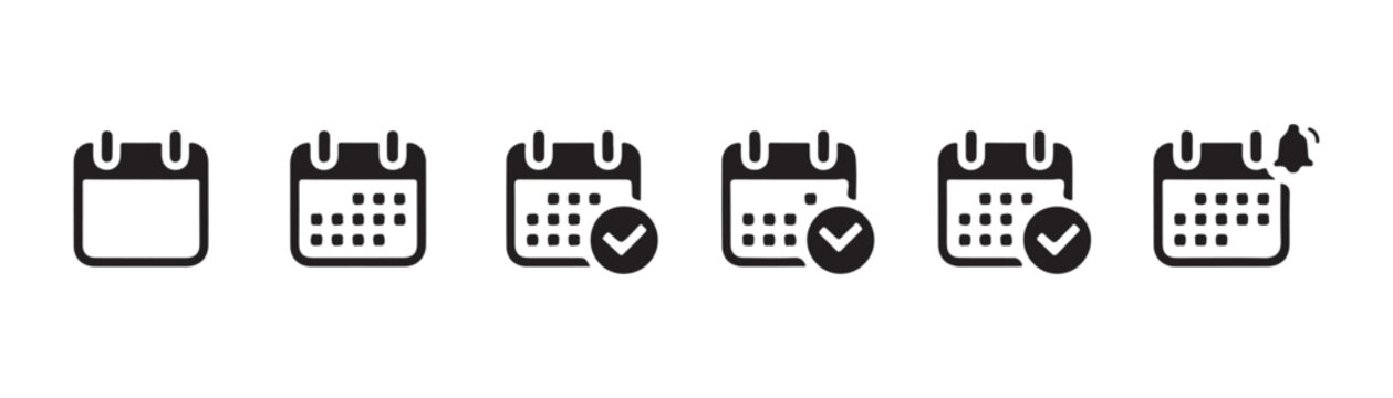 Set of calendar icons with check marks and notification bell for planning schedule tasks and reminders business tool.