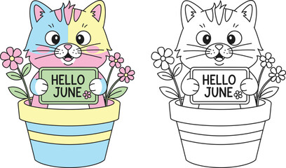 Cute Rainbow Cat in Striped Pot with Hello June Sign Whimsical Spring Vector for Coloring © Mehrab
