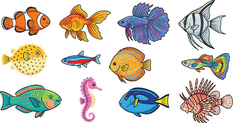 Colorful Tropical and Aquarium Fish Vector Set with Cute Clownfish, Goldfish, Betta, Angelfish, Puffer, Neon Tetra, Discus, Guppy, Parrotfish, Seahorse, Blue Tang, and Lionfish Illustrations © mdferozhossain