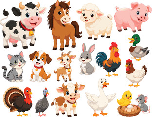 Fototapeta premium Cute Farm Animals Vector Set with Adorable Cartoon Cow, Horse, Sheep, Pig, Dog, Cat, Rabbit, Rooster, Duck, Turkey, Goose, and Chick Illustrations for Kids