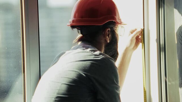 Engineer Measuring Window Frame with Tape Line. Handyman Checking Dimensions for Glass Installation