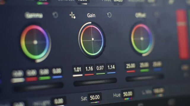 Color Grading Software Interface on Monitor Screen. Video Editor Adjusting Gain and Gamma Wheels for Movie Post Production