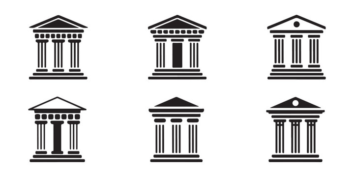 Collection of classic bank or museum building facade icons with pillars and pediment architecture design vector set.