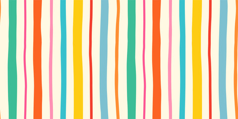 Fototapeta premium Hand painted colorful vertical stripes seamless vector pattern, Organic wavy brushstrokes summer beach background, Retro groovy irregular lines for kids designs