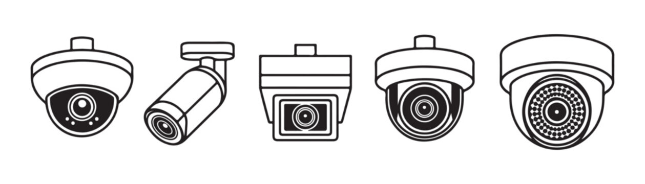 Security camera icons set for surveillance and protection systems with different viewing angles and dlp styles.