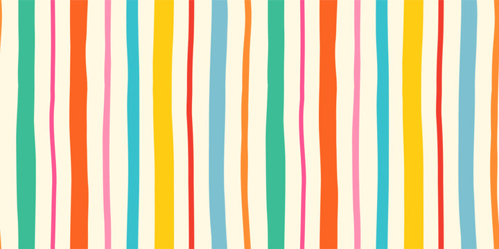 Hand painted colorful vertical stripes seamless vector pattern, Organic wavy brushstrokes summer beach background, Retro groovy irregular lines for kids designs