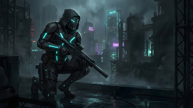 Futuristic assassin wearing exosuit crouching with gun in dark cityscape at night