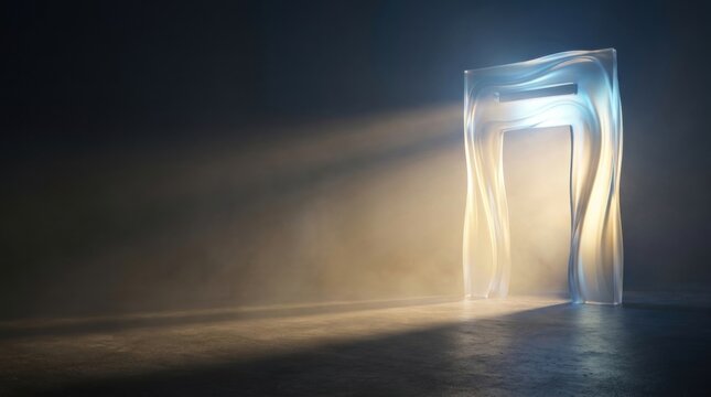 Translucent flowing archway illuminated by dramatic shafts of light on concrete floor