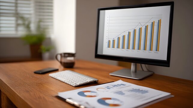 A modern workspace setup featuring a computer monitor displaying a financial growth chart documents and office supplies on a wooden desk