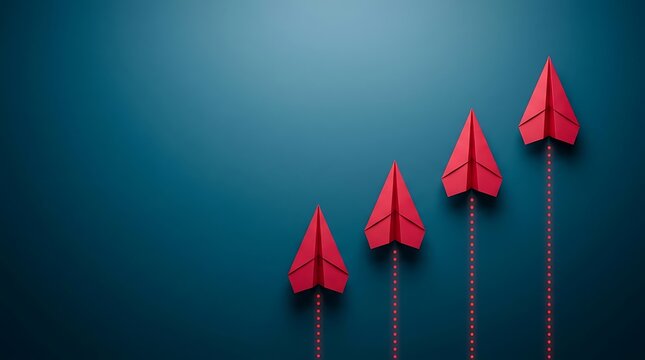 Red paper planes fly upward in a diagonal formation representing bold leadership and outstanding financial performance