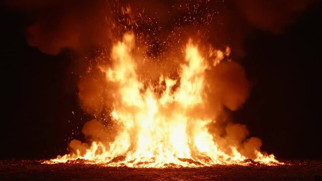 A spectacular, powerful inferno erupts with intense amber flames and fiery particles against a profound darkness, conveying immense energy and destructive force in this dramatic depiction