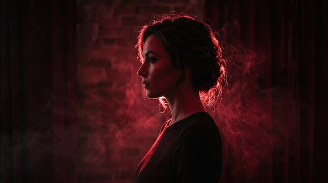 Dramatic profile of a woman in red light with wisps of smoke