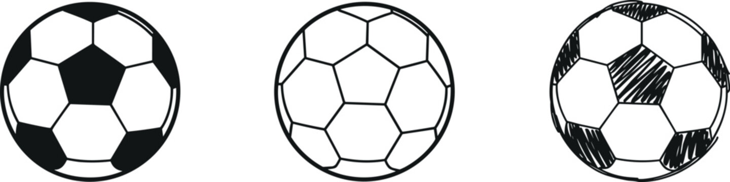 Three soccer balls with solid, outlined, and scribbled black and white patterns