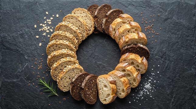 Circular arrangement of diverse bread slices on a dark stone surface, featuring multigrain with oats, dark pumpernickel, and