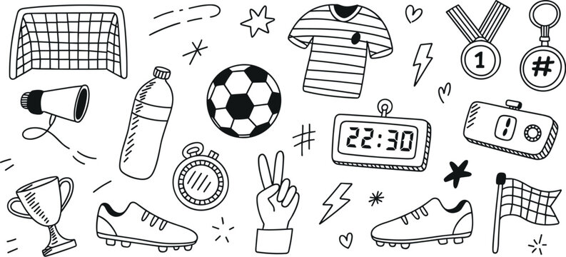 Soccer sport doodle set with ball, goal, trophy, jersey, and stopwatch