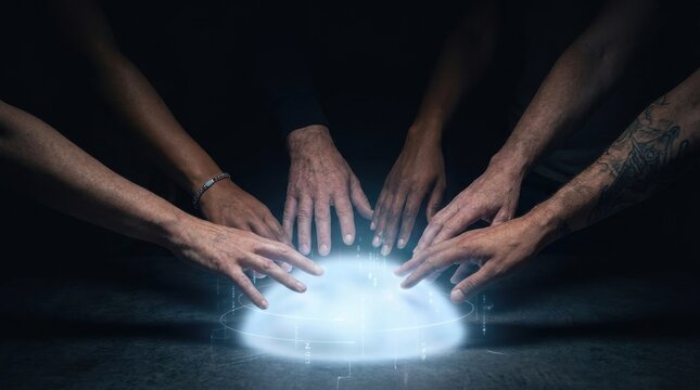 Multiple diverse hands reaching towards a glowing ethereal orb with abstract digital elements