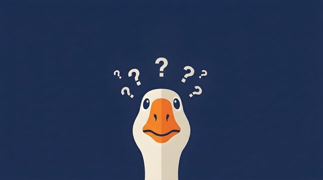 Goose looking puzzled with question marks around head on dark background