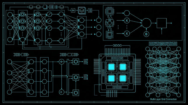AI Infrastructure Neural Network Nodes Blueprint Technical Drawing Vector Set Multi View Cyan Outline on Black Background