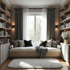 Fototapeta premium Cozy reading nook with window light. Bookshelves flank wide couch. Plush pillows, draped blanket create comfortable seating. Neutral tones, clean design invite relaxation. Soft rug covers wooden