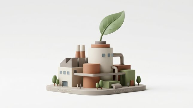 Minimalist 3D model of an industrial factory building integrated with a large green leaf, symbolizing sustainable manufacturing, eco-friendly energy, and green technology.