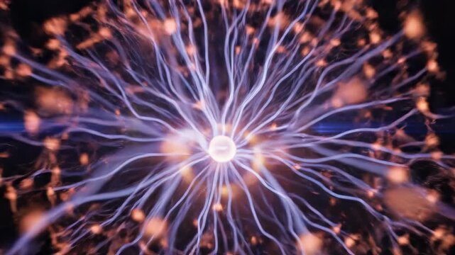 Mesmerizing purple plasma tendrils extend outwards from a central glowing orb, resembling a cosmic neural network or a vibrant energetic explosion in a dimly lit cosmic expanse