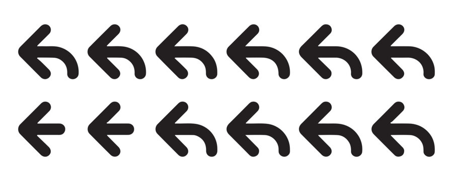 Twelve distinct styles of curved return arrows set isolated on transparent background for design.